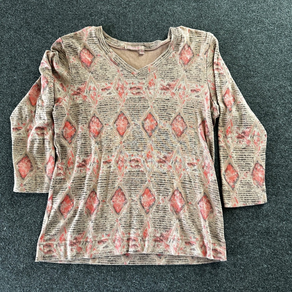 Fresh Produce Womens M V-Neck Top 3/4 Sleeve Cotton Diamond Print Brown Coral
